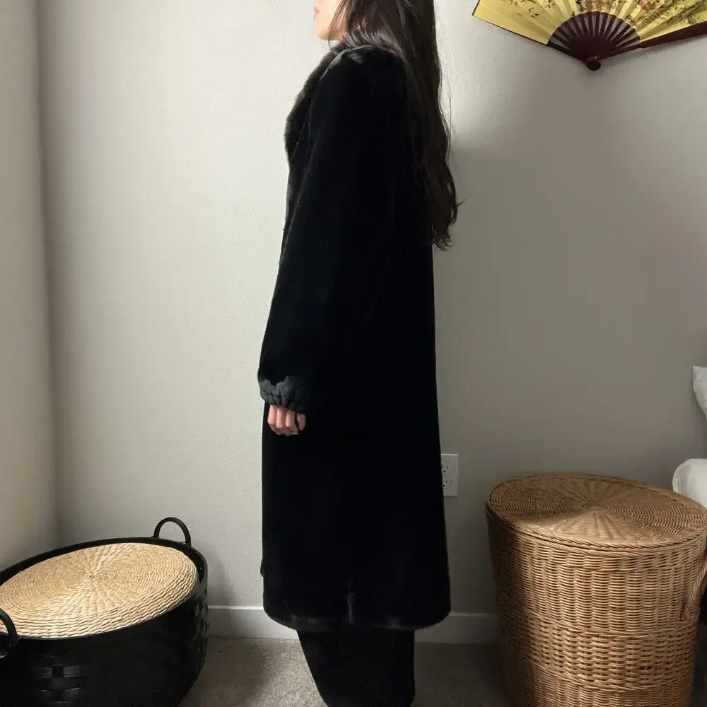 80s vintage black brown minimalist classic faux fur long winter coat - Picture 5 of 8